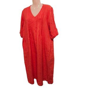 Brin D'ete Lagenlook Pintucked Dress Women Size M Tangerine Linen V Neck